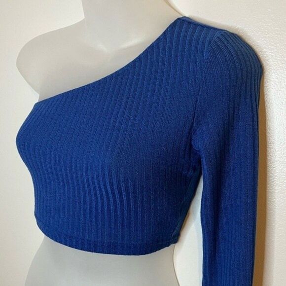 SHEIN EZwear Ribbed One-Shoulder Crop Top Blue Size Small - Picture 3 of 6